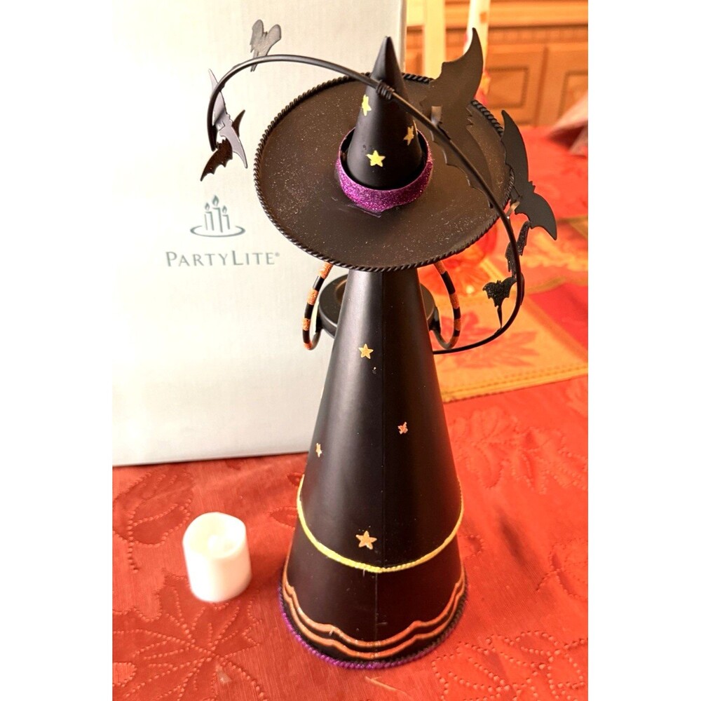 PartyLite Abracadabra Witch Halloween Candle Tealight Holder Glitter Bats W/ Box - Picture 5 of 8